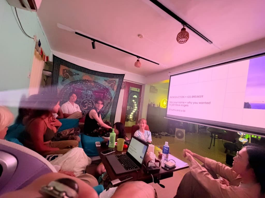 Rave Angels training day — introduction and icebreaker on screen
