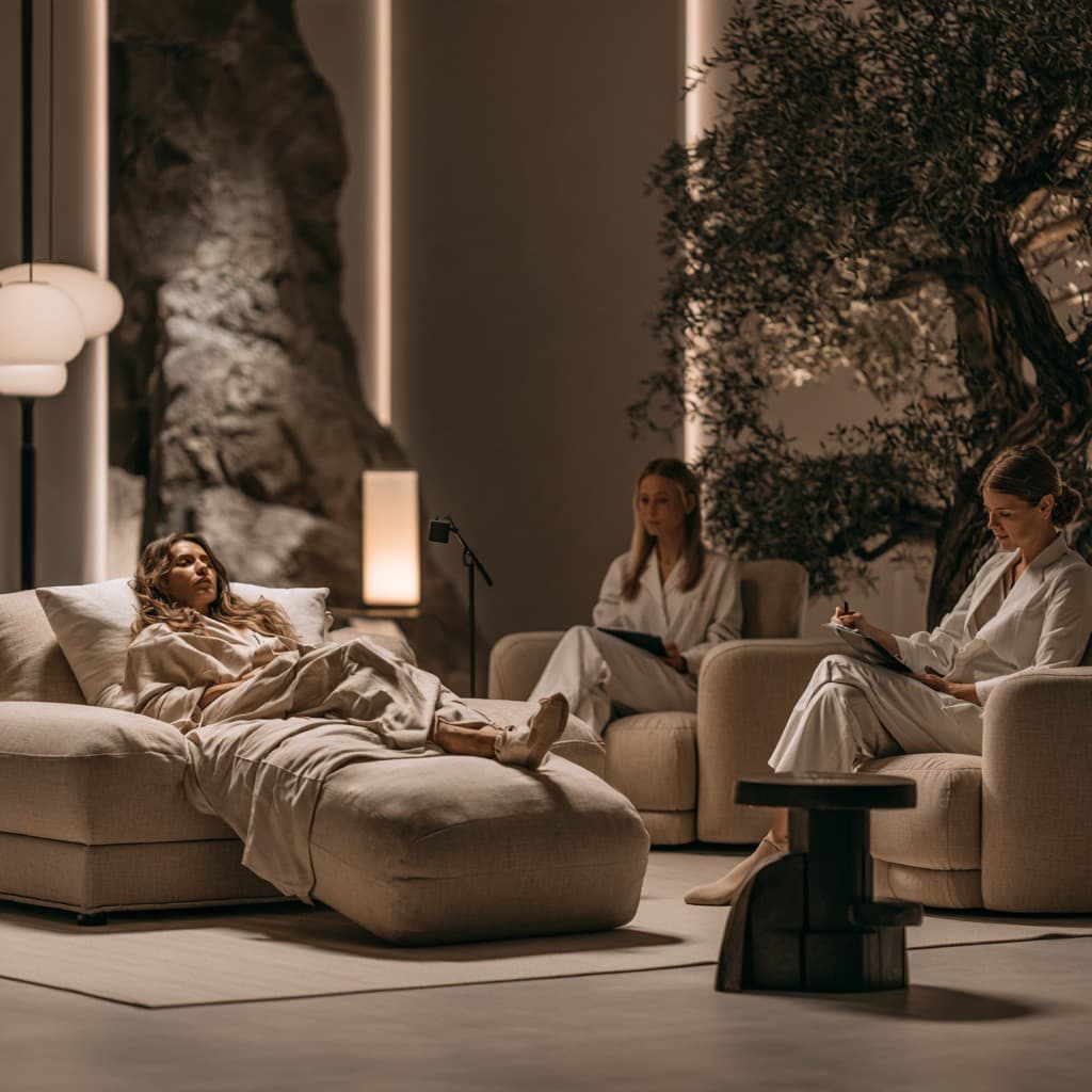 A supervised psychedelic therapy lounge with a patient resting while two clinicians monitor the session.