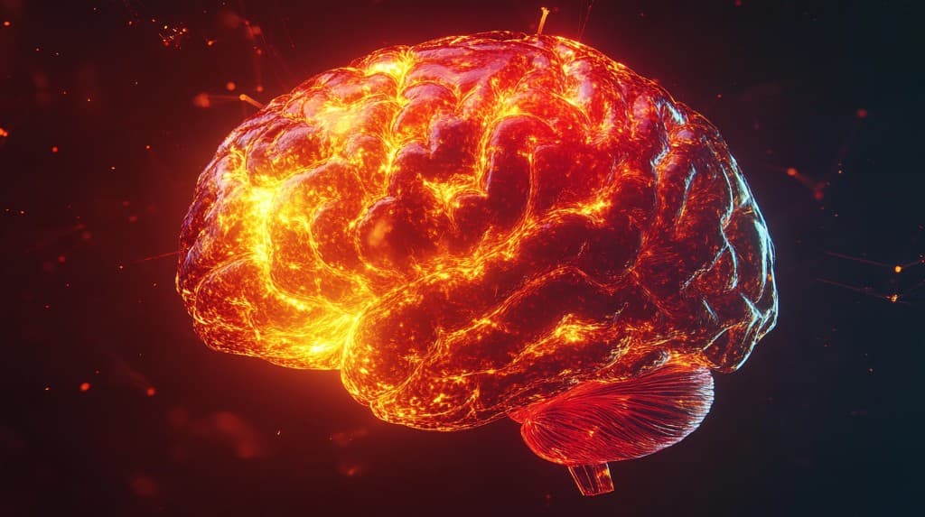 Glowing 3D illustration of a human brain, symbolizing neuroplasticity and psilocybin-related network change.