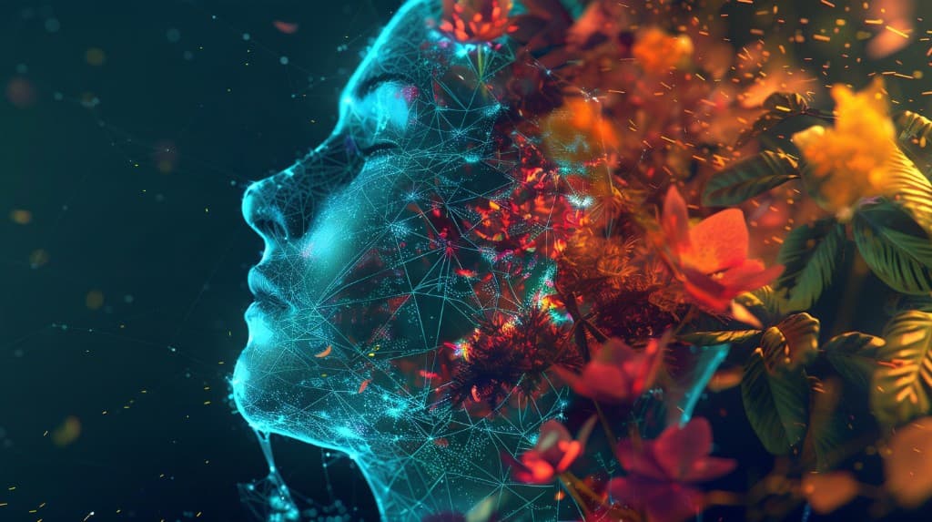 Conceptual artwork: a human profile dissolving from neural mesh into blooming flowers, symbolizing neural reorganization and rebirth in safety.