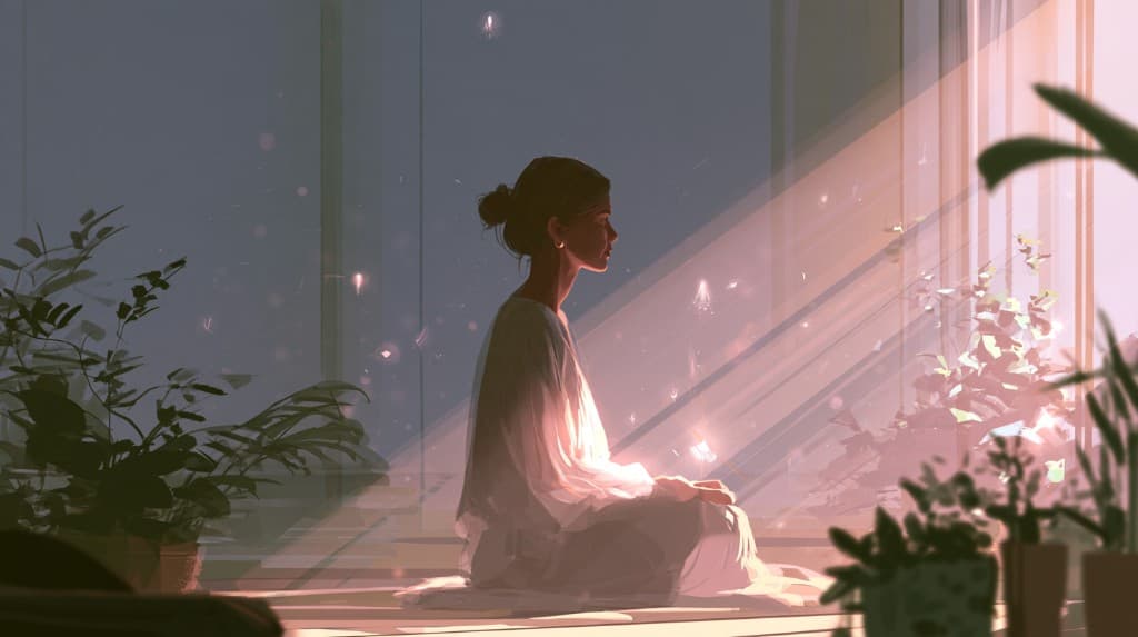 Minimalist illustration of a person meditating in warm light, symbolizing calm integration after intense experience.
